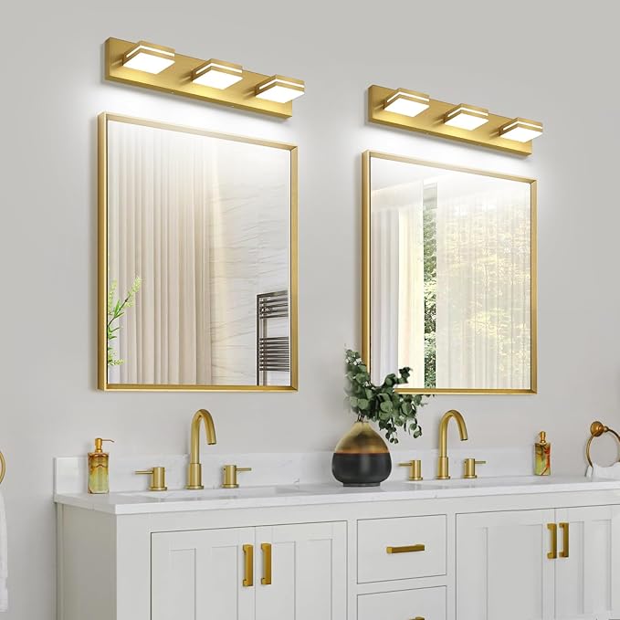 SineRise LED Modern Bathroom Vanity Light Fixtures (3-Light, 24-Inch, Dimmable), Brass Modern Acrylic Bathroom Wall Lighting Fixtures Over Mirror (Cool White 6000K)