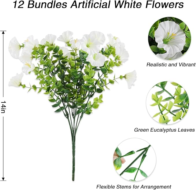 12PCS Artificial Flowers for Outdoor Decorations, Realistic Faux White Silk Petunia Flowers for Outside, Fake Plants Morning Glory with Eucalyptus Porch Patio Planters Window Boxes Decor