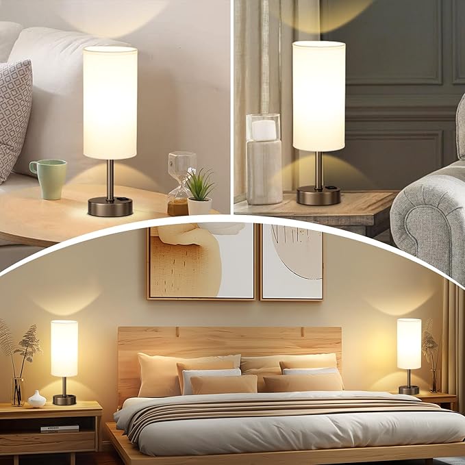 Bedside Touch Table Lamps for Bedroom Nightstand with USB-C USB-A Charging Ports, White & Brown 3 Way Dimmable Small Desk Lamp for Office, Living Room, Reading, Dorm