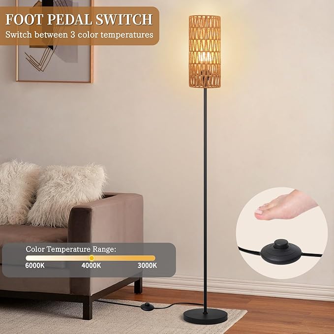Floor Lamp for Living Room,Farmhouse Rattan Floor lamp,Modern Standing lamp with 3 Color LED Bulb,Black Tall Lamp with Foot Switch