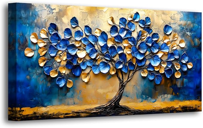 Abstract Tree Canvas Wall Art Bedroom Wall Decor Living Room,Blue and Gold Leaf Wall Art Office Paintings Artwork Modern Ginkgo Tree Leaves Pictures Art Prints Waterproof Ready to Hang-20x40inch