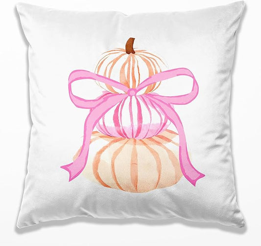 Coquette Pink Bow Watercolour Pumpkin Fall Pillow Covers 18x18, Preppy Pink Autumn Pillowcases for Couch Sofa, Cute Girly Pumpkin Decorative Pillow Covers for Bedroom Living Room Dorm