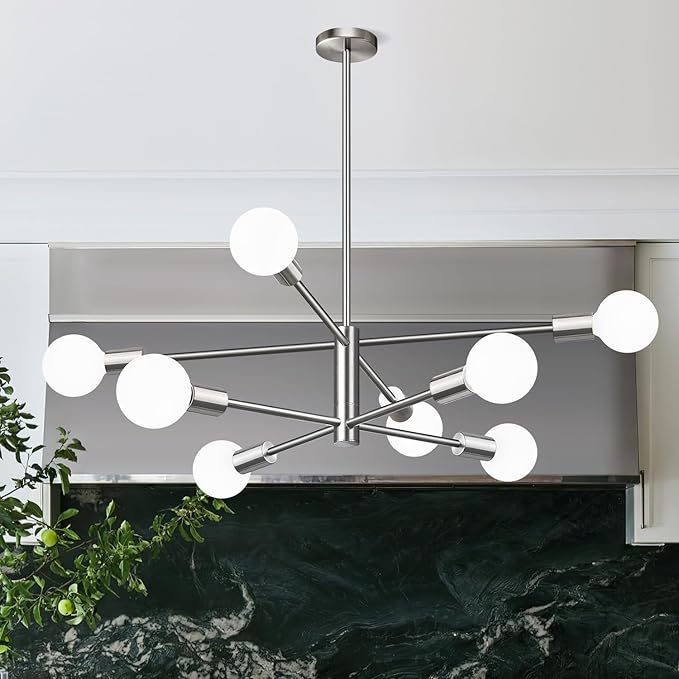 Sputnik Chandeliers Dining Room Light Fixture (8-Light, 30-Inch), Modern Nickel Chandelier, Height Adjustable Mid Century Modern Chandeliers for Dining Room Kitchen Island