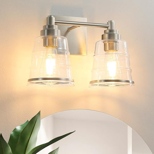 Brushed Nickel Bathroom Vanity Light Fixture, 2 Light Bathroom Light Fixtures Over Mirror with Clear lampshade and Metal Base Sconce,13.4 Inch Modern Vanity Light for Bathroom(Exclude E26 Bulb)