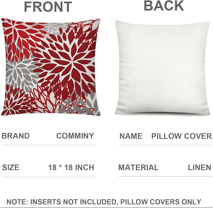 COMMINY Red Grey Pillow Covers 18x18 Set of 6 Decorative Burgundy Daisy Throw Pillow Cover for Couch Modern Farmhouse Cushion Pillow Case for Living Room Patio Home Decor
