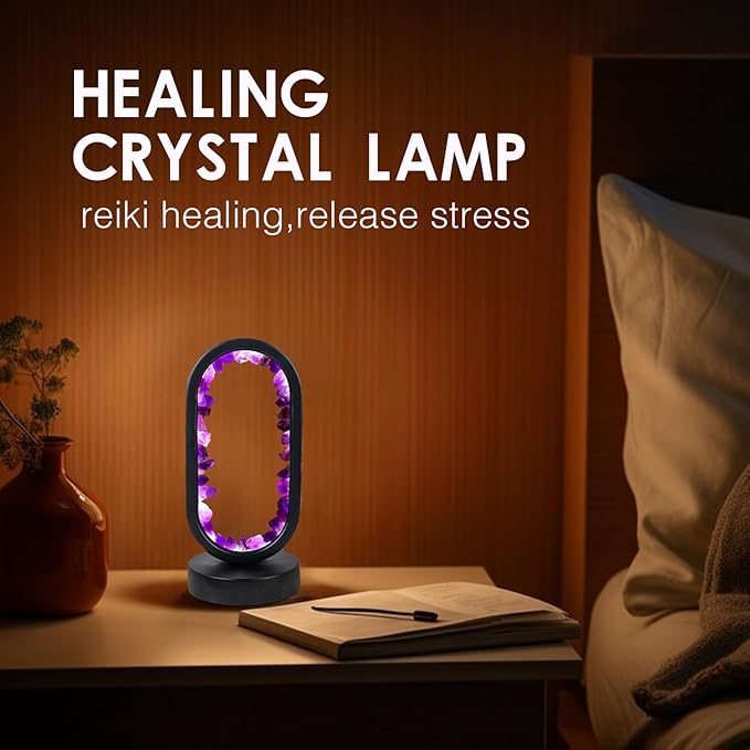 Runyangshi Crystal Lamp Amethyst Raw Stone Ellipse Night Lamp Natural Healing Crystal Night Light Table Lamp Base USB Port 3 Colours Mode for Bedroom Bedside Lamp Office Home Decor Gift