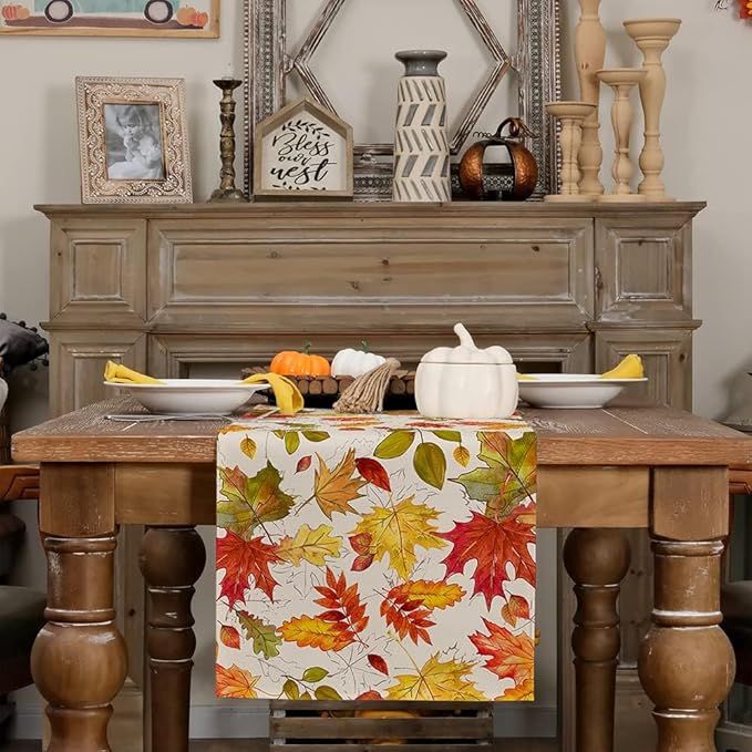 GEEORY Fall Table Runner 13x72 Inch, Maple Leaves Rustic Thanksgiving Farmhouse Decor Table Decoration for Kitchen Dinning, Indoor Outdoor Dinner Party (Orange Red Green Leaves) GT115-72