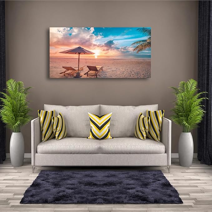 Beach Pictures Canvas Wall Art for Living room Bedroom Wall Decor,Sunset and Beautiful Clouds Wall Art Print Paitnings for home Decor,Morden Artwork Sunumbrellas and loungers Canvas Art