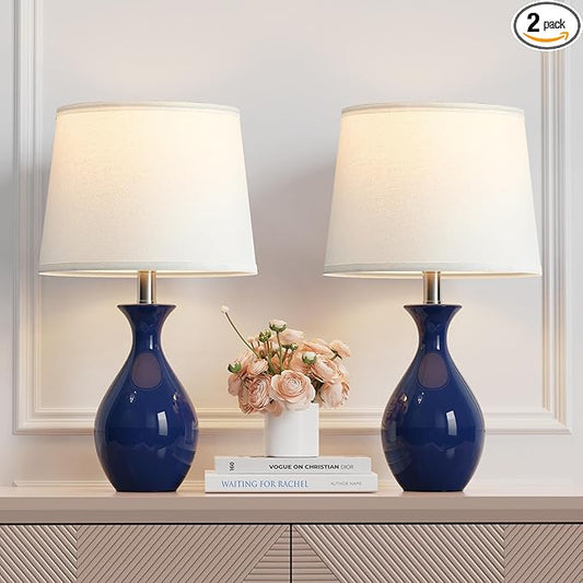 PARTPHONER Table Lamp Set of 2, Modern Ceramic Bedside Lamps for Night Stands, Classic Small Lamp Nightstand Lamp for Bedroom Living Room Desk End Table Rocker Navy Blue