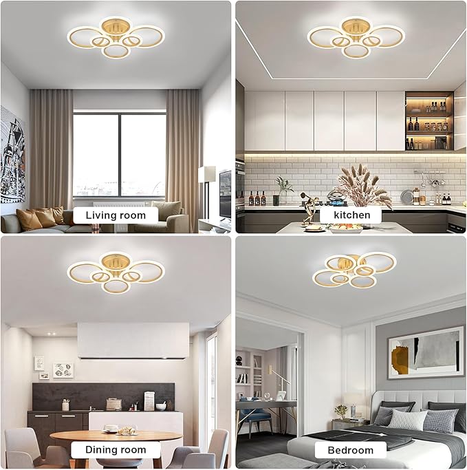 Modern LED Ceiling Light, Gold 6 Rings Flush Mount Ceiling Light, 4000K Lighting Fixture Ceiling Lamp for Kitchen, Bedroom, Living Room, Laundry Room