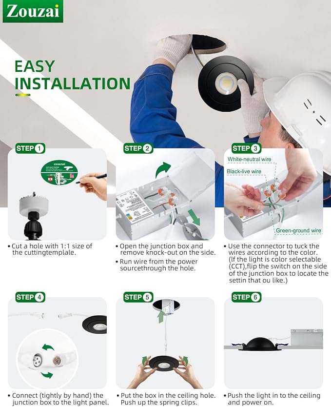 zouzai Second Generation 5CCT LED Gimbal Led Recessed Light with Junction Box, 360ยฐ+90ยฐ Adjustable Directional Eyeball Lighting, Dimmable, 2700K-5000K,ETL&Energy Star (Black 12 Pack, 4 inch)