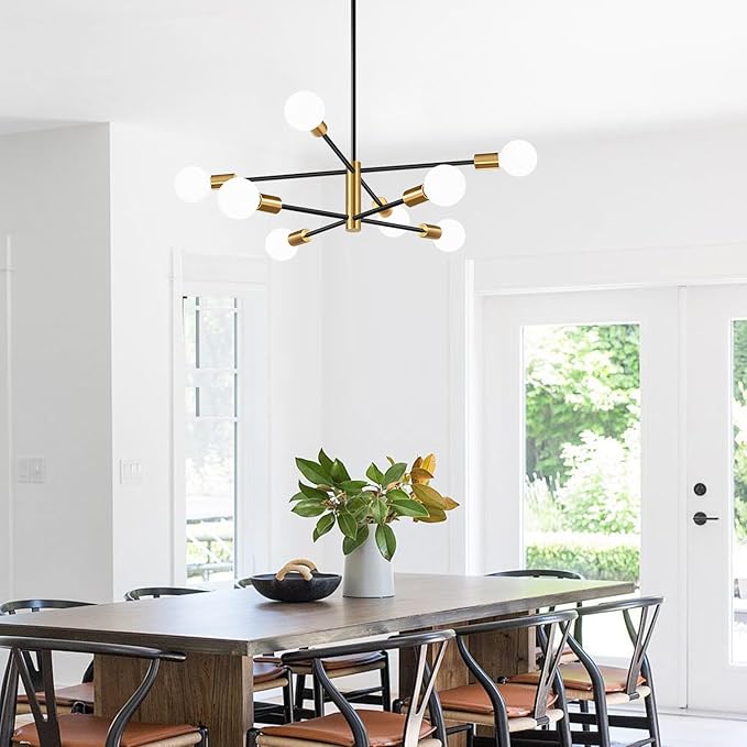 Sputnik Chandeliers Dining Room Light Fixture (8-Light, 30-Inch), Modern Gold and Black Chandelier, Height Adjustable Mid Century Modern Chandeliers for Dining Room Kitchen Island