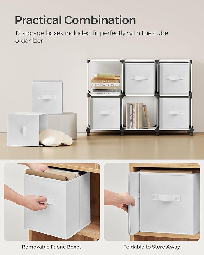 SONGMICS Cube Storage Organizer with Storage Boxes, Set of 12-Cube Organizer, 12 Collapsible Non-Woven Fabric Bins, Customizable, Space-Saving, Bedroom, Cloud White ULPC122W01