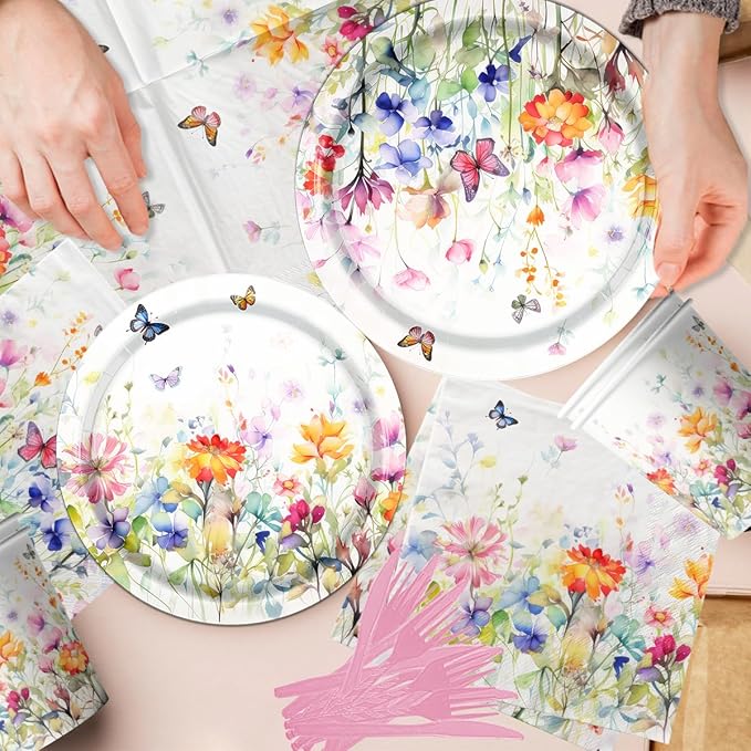 Wildflower Baby Shower Decorations,142Pcs Wildflower Baby in Bloom Plates and Napkins,Tablecloth,Cup Butterfly Floral Theme Table Decorations for Bridal Shower Birthday Party