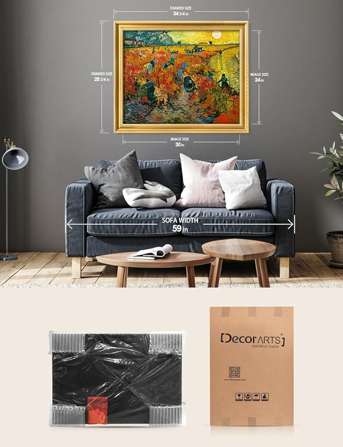 DECORARTS - Vincent van Gogh's The Red Vineyards, Museum-Quality Giclee Canvas Print in Gold Solid Wood Frame, 34.75 x 28.75 in, Ready to Hang, Made in USA