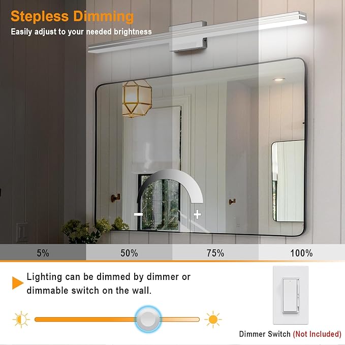 SineRise LED Modern Bathroom Vanity Light Bar (40-Inch, 3000K/4000K/6000K), Chrome Dimmable Modern Acrylic Bathroom Wall Lighting Fixtures Over Mirror