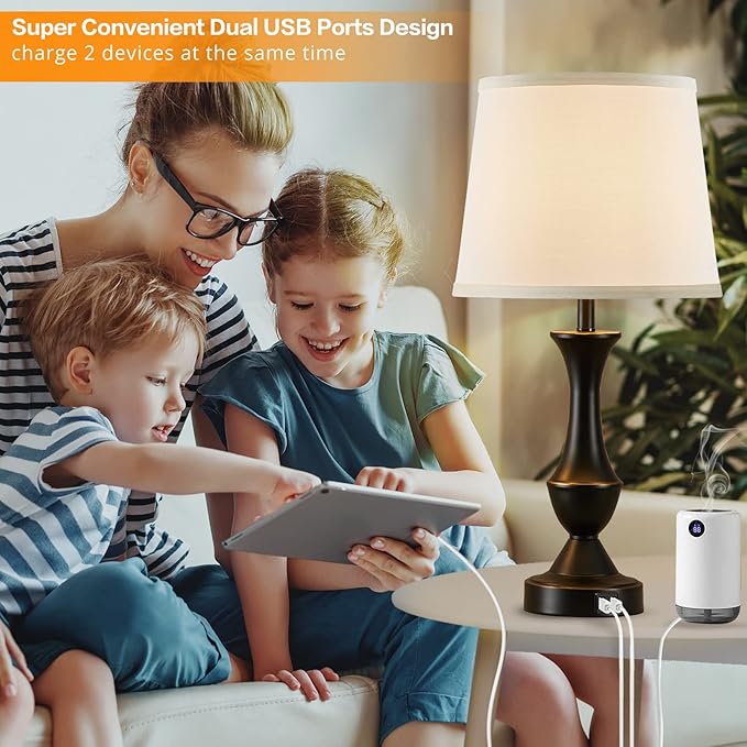 Touch Table Lamps Set of 2, 22" Tall Bedside Lamps with USB C+A Ports, 3-Way Dimmable Nightstand lamps, Table lamp for Bedrooms, Living Room, Office, Black Lamp with White Lampshade, Bulbs Included