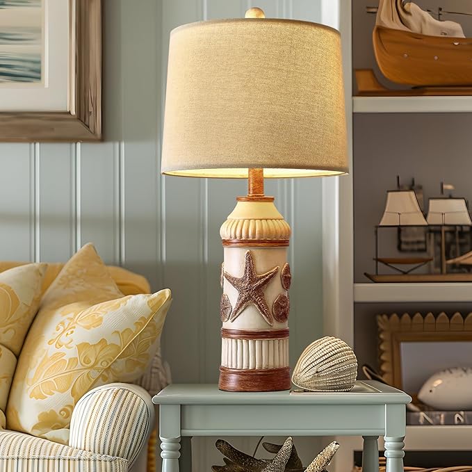 OYEARS 24“ Table Lamp for Bedroom, Boho Table Lamp for Living Room, Bedside Nightstand Lamp, Coastal Nautical Lamp with Starfish Conch Pattern for Decor, End Table, Vintage Retro Beach, Off White