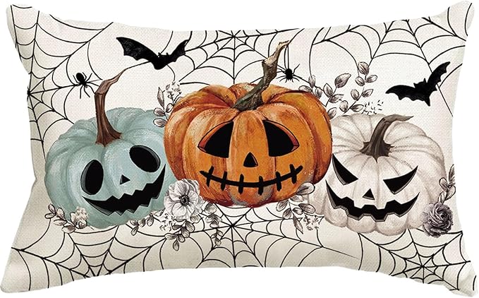 Baccessor Halloween Pillow Cover 12x20 Inch, Pumpkins Bats Spider Web Lumbar Pillow Case Halloween Decor for Cushion Sofa Couch Indoor Outdoor Decoration 1 Piece
