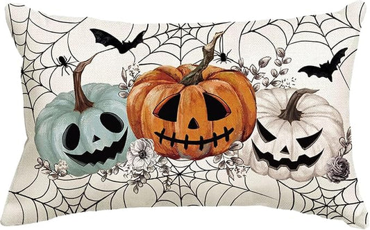 Baccessor Halloween Pillow Cover 12x20 Inch, Pumpkins Bats Spider Web Lumbar Pillow Case Halloween Decor for Cushion Sofa Couch Indoor Outdoor Decoration 1 Piece