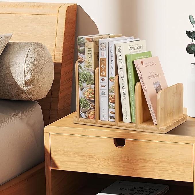 Cook Book Organizer,Bamboo Cookbook Stand for Kitchen Counter with 4-Slot,Sturdy Recipe Book Holder Stand for Convenient Cookbook Storage