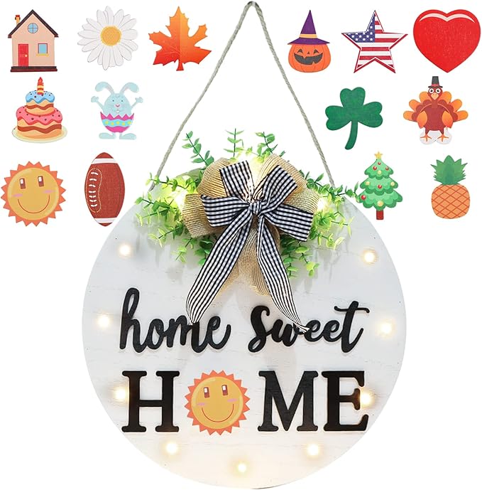 Interchangeable Welcome Sign for Front Door with 14 Changeable Icons, Farmhouse Front Porch Decor Rustic Wooden Wall Sign with 12 LED Lights, Outdoor Seasonal Welcome Home Decorations (White1)