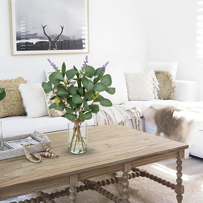 Briful Artificial Eucalyptus Stems in Glass Vase with Faux Water, 14" Fake Plant Eucalyptus with Lavender for Home Office Farmhouse Wedding Centerpiece Bathroom Décor