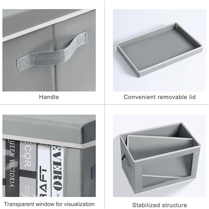 Storage Box with Lids - 7 Pack Fabric Clear Window Storage Bins, Decorative Bins with Handles, Large Foldable Organizer for Clothes, Towel, Blanket, Sheet, Grey
