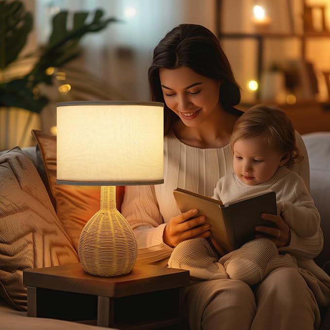 Rattan Table Lamp Set of 2 - Natural Woven Design, 15W LED Bulb Included, Modern Boho Style Nightstand Lamps for Bedroom, Living Room, or Office Decor
