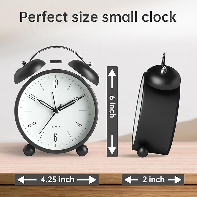Twin Bell Loud Alarm Analog Alarm Clock, 4 inch Super Silent Non Ticking Small Clock with Night Light, Battery Operated, Simple Design, Old Fashioned, for Heavy Sleeper, Bedroom, Bedside, Desk, Black