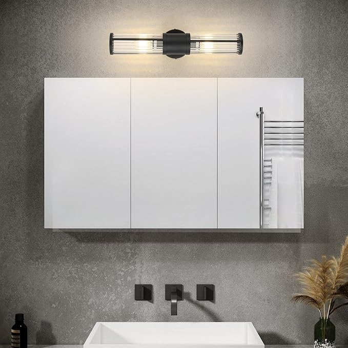 Bathroom Light Fixtures 2-Light Matte Black Bathroom Vanity Light Modern Wall Lights for Bedroom Bath Mirror Lights with Glass Rods Shades for Mirror Bedroom Hallway
