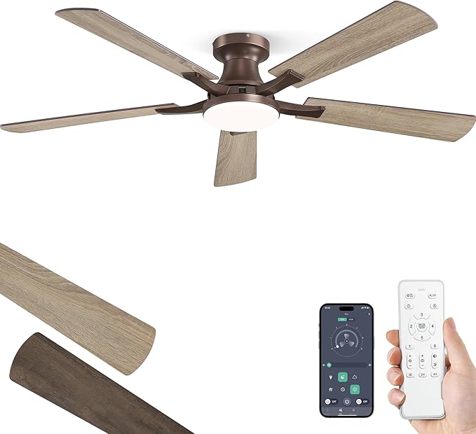 ZMISHIBO 52 Inch Ceiling Fan with Light, App&Remote Control, Flush Mount Low Profile, Dimmable 20W LED Light, Quiet Reversible Motor for Bedroom, Living Room, Apartment, Brown