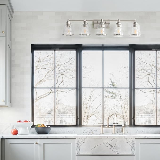 Brushed Nickel Bathroom Vanity Light Fixture, 5 Light Bathroom Light Fixtures Over Mirror with Clear lampshade and Metal Base Sconce, 37 inch Modern Vanity Light for Bathroom(Exclude E26 Bulb)