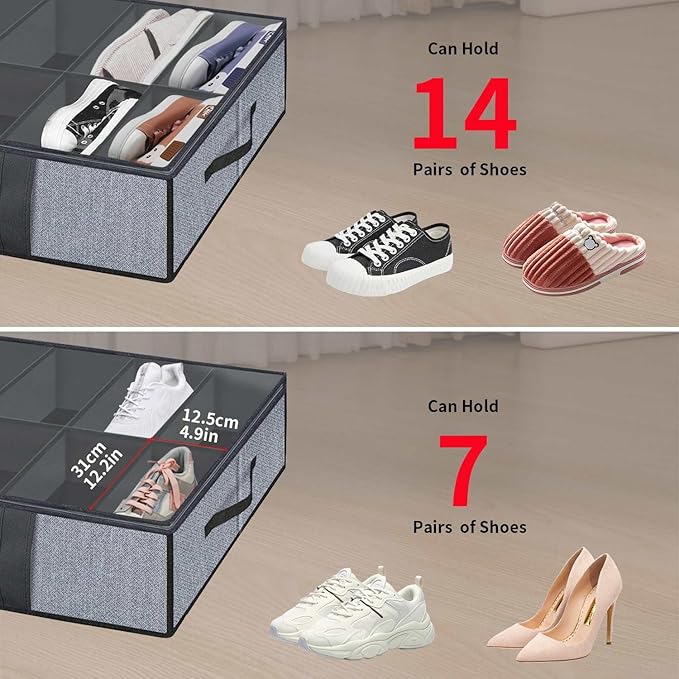 Onlyeasy Under Bed Shoe Storage Organizers for Kids and Adults Fit 14 Pairs of Shoes & 4 Pairs of Boots, Sturdy Underbed Organizer with 2 Strong Zippers and 4 Handles, Linen-like Grey, MXDUBS14S4