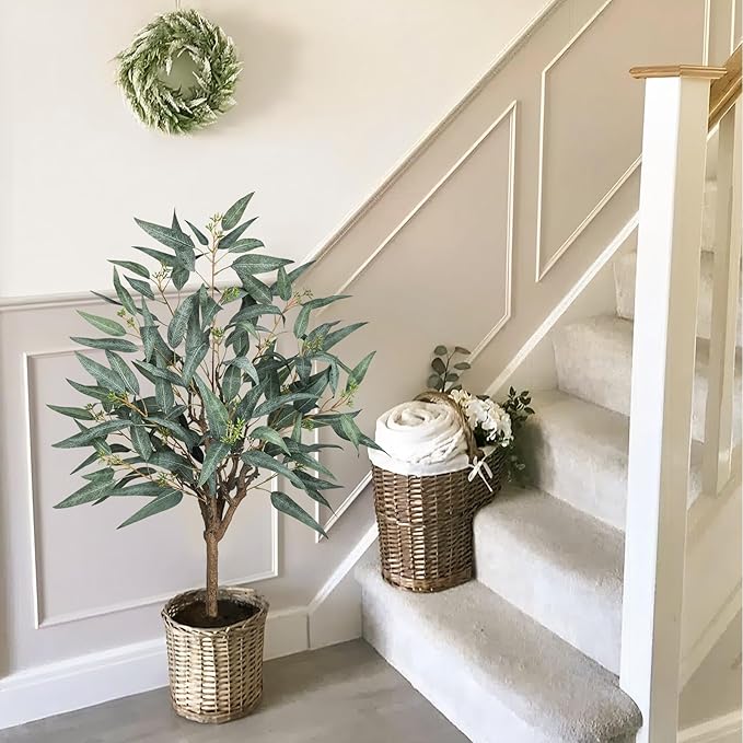 Briful Artificial Eucalyptus Tree Realistic Potted Dutch Faux Eucalyptus Tree in Black Pot 3ft Porch Floor Fake Tree for Home Decor Indoor Outdoor Farmhouse Wedding