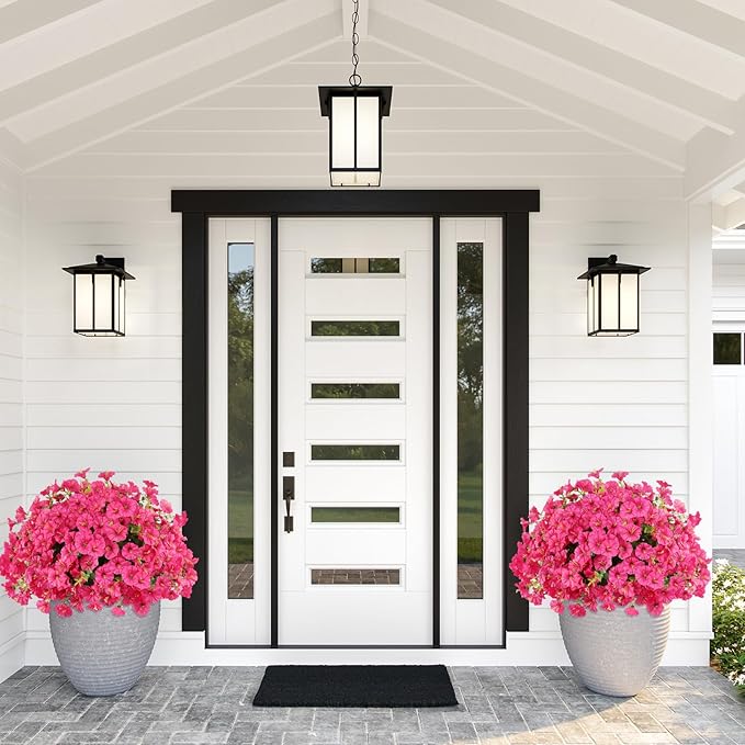 12PCS Artificial Flowers for Outdoor Decorations, Realistic Faux Silk Petunia Flowers for Outside, Fake Plants Morning Glory with Eucalyptus Porch Patio Planters Window Boxes Decor(Rosy red)