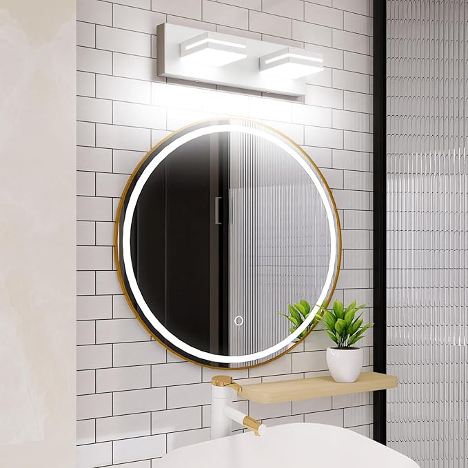 SineRise LED Modern Bathroom Vanity Light Fixtures (2-Light, 15.5-Inch, Dimmable), Matte White Modern Acrylic Bathroom Wall Lighting Fixtures Over Mirror (Cool White 6000K)