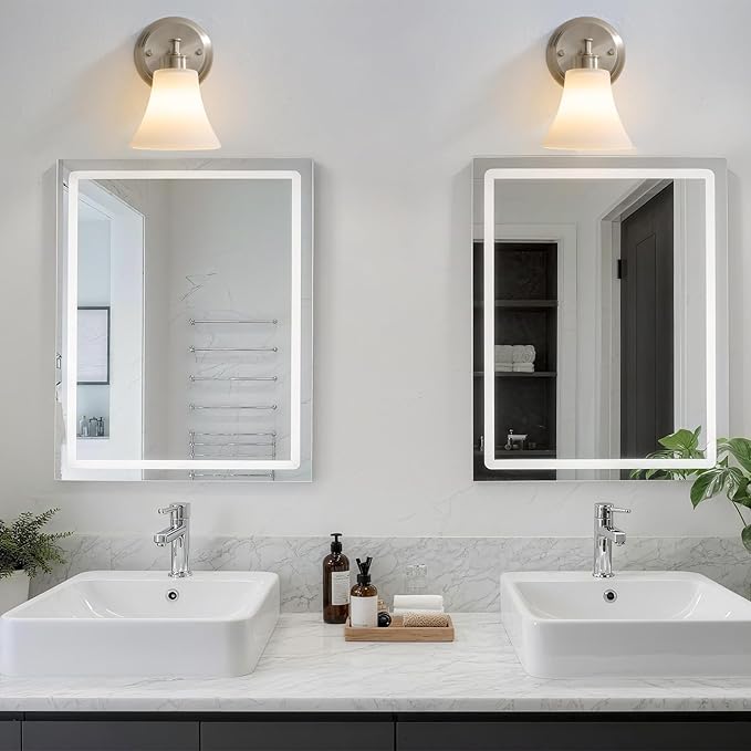 LOUSACE 2 Pack 1-Light Brushed Nickel Bathroom Lighting Fixtures Vintage Bathroom Vanity Lights with Opal White Glass, Set of 2 Single Vanity Wall Sconces for Side Mirror Cabinet Stairs Living Room