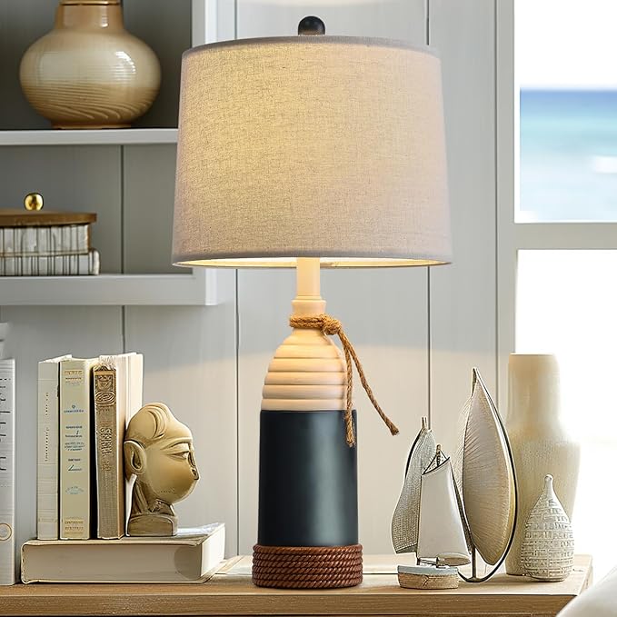 OYEARS 23.75" Table Lamp for Bedroom, Bedside Table Lamp for Living Room, Farmhouse Lamp for Nightstand, Modern Coastal Nautical Lamp Decor, Ocean Beach Style, Navy Blue