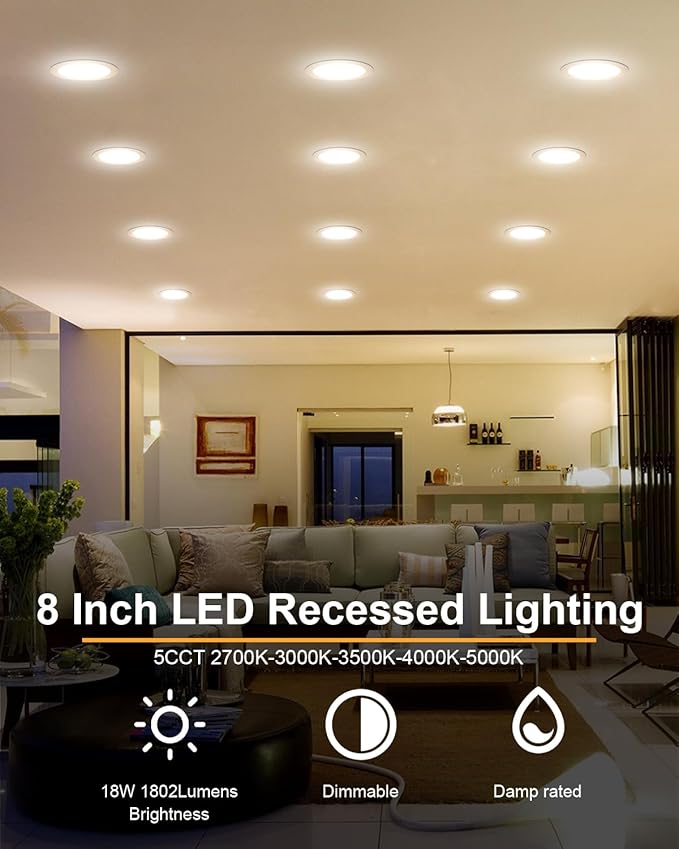 ZYC 8 Inch Recessed Lighting - 18W 1802LM Black Recessed Lighting,Dimmable 5CCT 2700K/3000K/3500K/4000K/5000K Selectable,IC Rated,Ultra-Thin Dimmable Canless Wafer Downlight Pack of 6 Black.