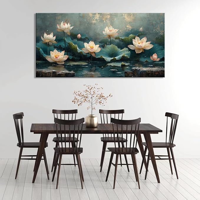 ZESTFLICKR Wall art of lotus pond, canvas decoration, used for religious yoga rooms and cicada-themed spaces, home and living room decoration, gifts, hand-painted works, masterpieces. (20x40inch)