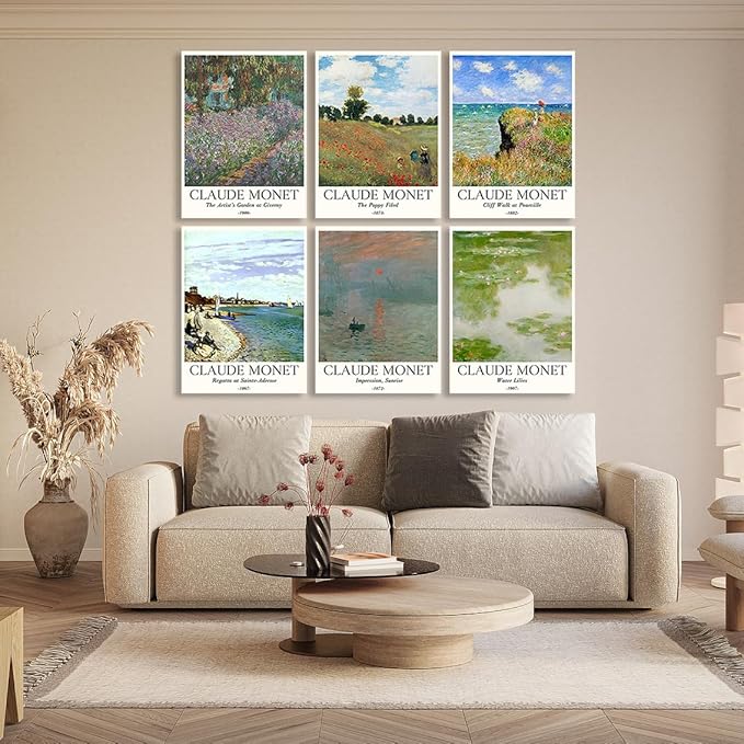COSCTOR Set of 6 Claude Monet Wall Art Decor Canvas Vintage Famous Artist Retro Landscape Colorful Posters and Prints for Living Room Bathroom Bedroom Hallway Kitchen (Framed, 12x16)