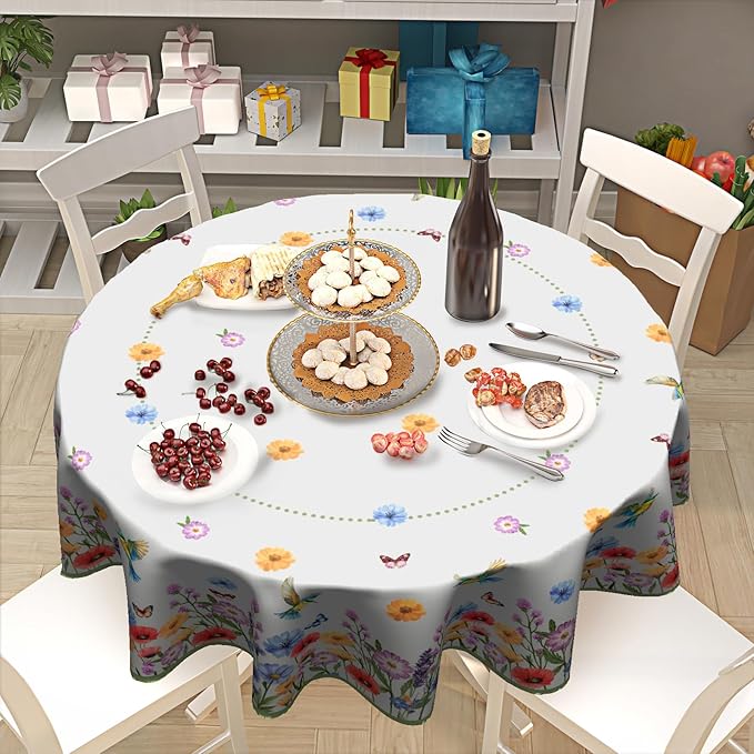 Kawani Spring Summer Wildflower Watercolor Flowers & Butterfly 60"Round Polyester Tablecloth for Home Kitchen Dining Room Picnic Outdoor Party Table Decor