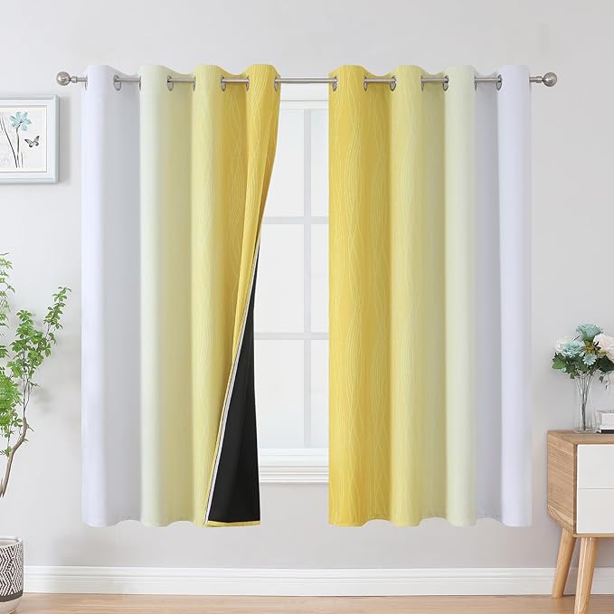 Estelar Textiler Yellow and Greyish White Ombre Blackout Curtains for Bedroom, Gradient Thermal Insulated Blackout Drapes, Full Room Darkening Grommet Curtains for Kids Room, 52Wx63L, 2 Panels