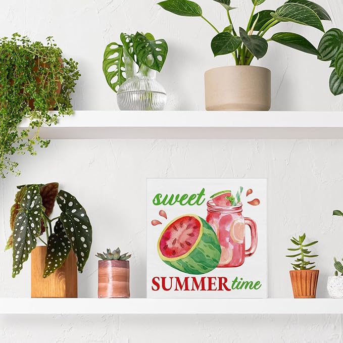 Summer Decor - Watermelon Decorations Sweet Summer Time Wooden Sign Home Kitchen Shelf Desk Decor 5 X 5 Inches