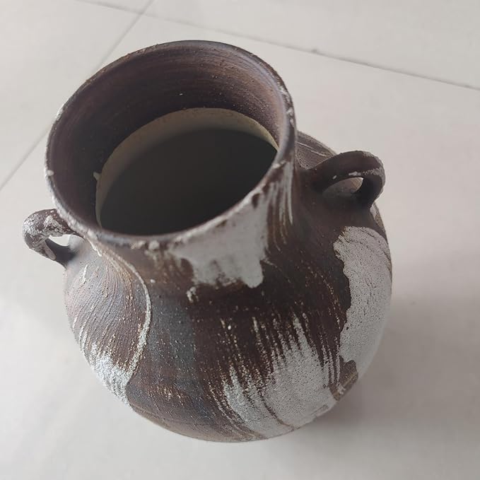 Rustic Pottery Vase - 10" Handmade Brown and White Farmhouse Vase with Handle, Unique Boho vase, Decorative Neutral Vases Home Decor, Vintage Ceramic Flower vases for Living Room, Kitchen Decor