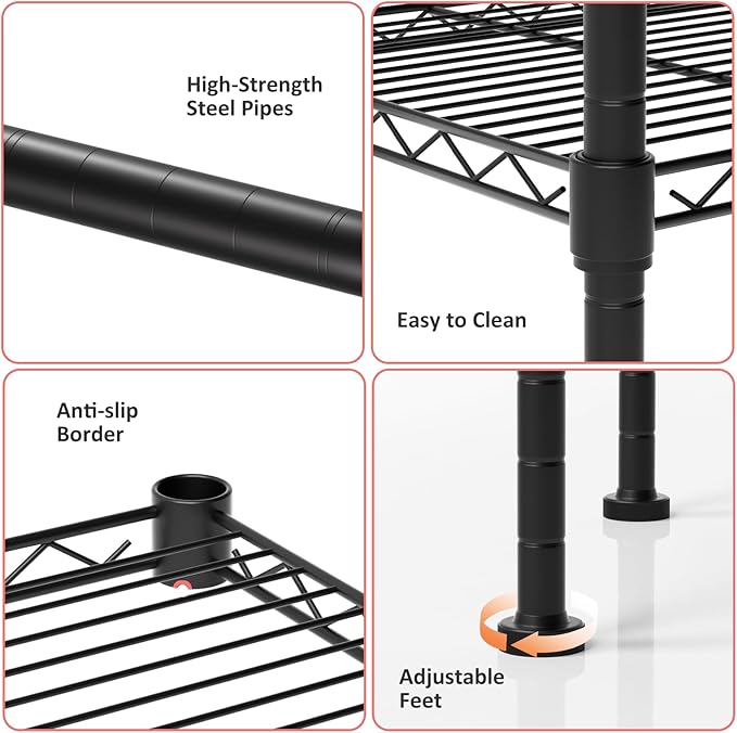 4 Tier Shelving Unit, 176 LBS Per Shelf Height Adjustable Narrow Storage Shelves, Heavy Duty Metal Garage Metal Shelves for Kitchen, Restaurant, Pantry, Laundry, Black