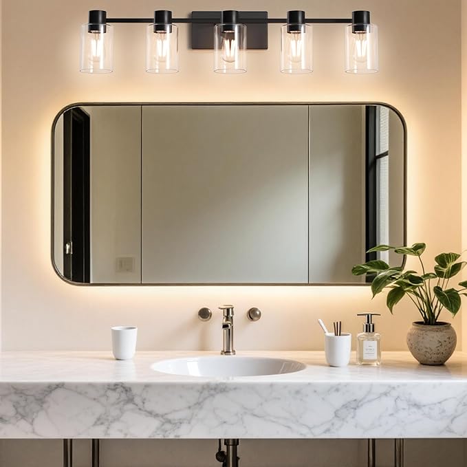 5-Light Modern Vanity Light Fixtures Over Mirror, Matte Black Bathroom Light Fixtures, Vanity Lights, Wall Sconce with Clear Glass Shade for Bathroom, E26 Base