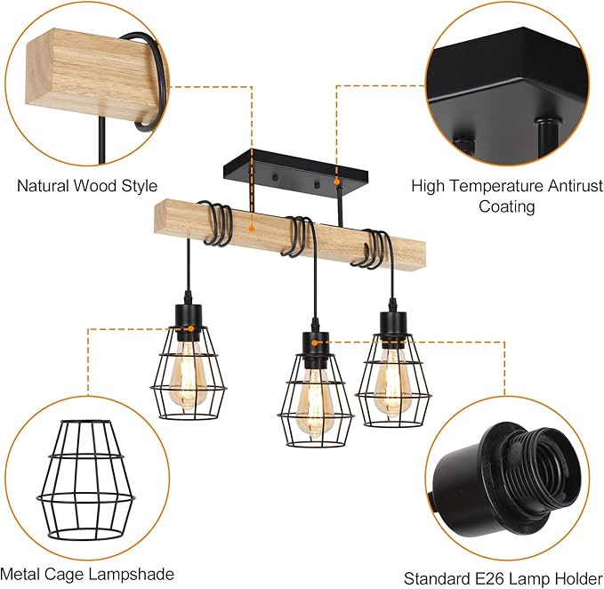Chandelier Ceiling Light Fixture, 3-Light Semi Flush Mount Ceiling Lights with Metal Cage Lampshade, Pendant Lighting with Solid Wood for Bedroom, Dining Room, Living Room, Kitchen, Office