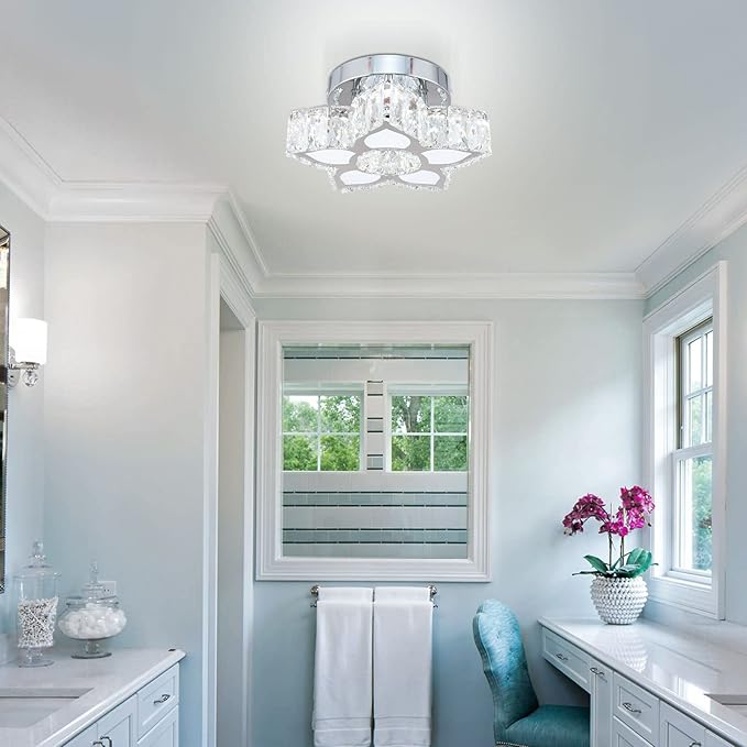 FRIXCHUR Crystal Ceiling Light Modern Mini Chandelier Flower LED Flush Mount Ceiling Light Fixture for Dining Room Bedroom Living Room Small Room (Cool White)